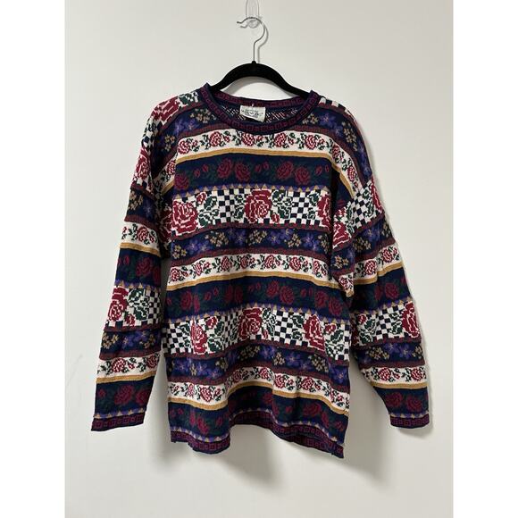 80's Vintage 3D Knit Floral Rose Sweater Size Large Cotton Grandma Cottage - Picture 1 of 9